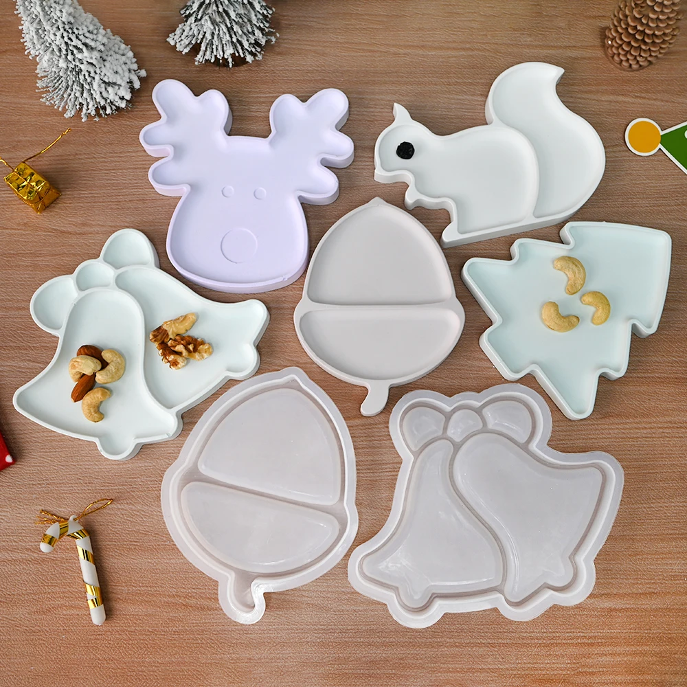 S0148 DIY Christmas Theme Tray Silicone Resin Mold 5 Sytles Squirrel Storage Plate Gypsum Concrete Moulds With Edge