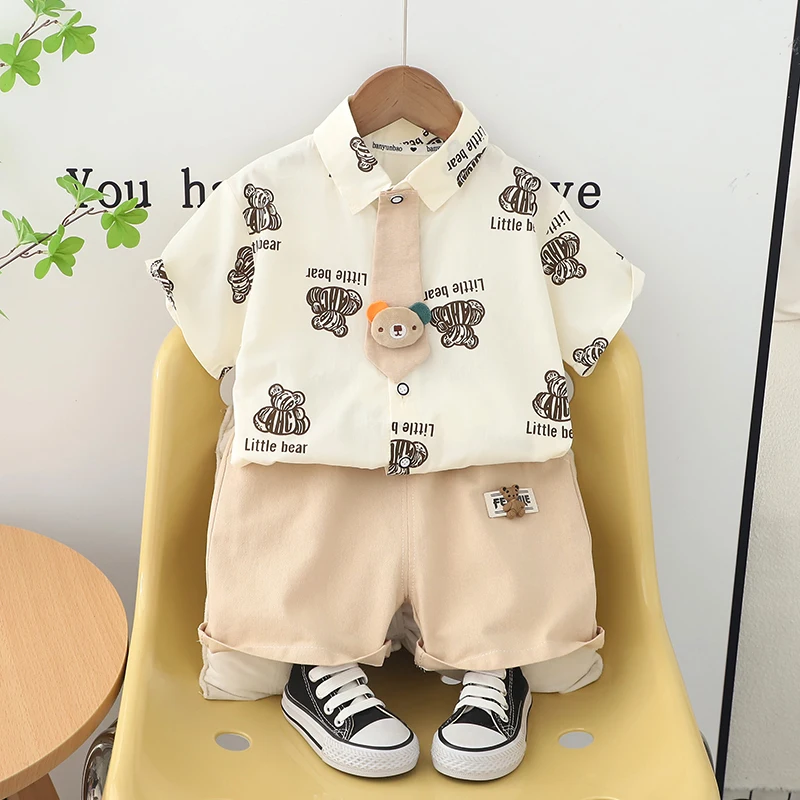 Kids Boy Summer Fashion Cotton Clothes Children Boys Bear Print Tie Shirts Shorts 2Pcs/Set Infant Toddler Tracksuits 0-5 Years