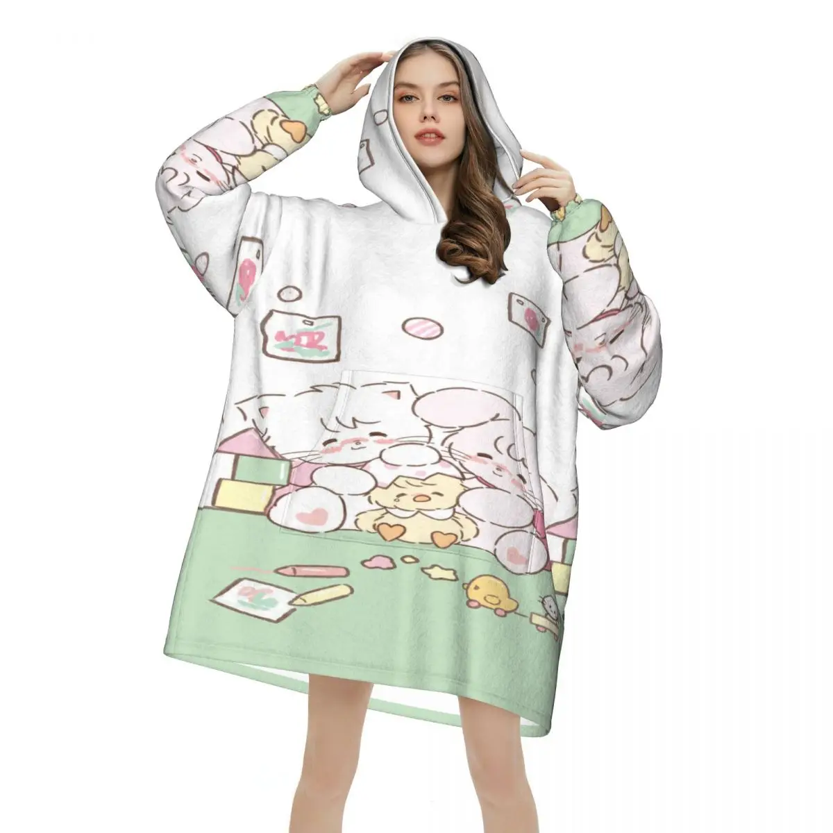 Pink Cartoon Mikko Mousse Blanket Hoodie Oversized Wearable Sweatshirt Blanket Warm Gifts for Women Girls Girlfriend
