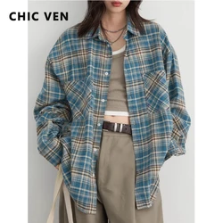 CHIC VEN Women Shirts Retro Casual Turndown Collar Plaid Cotton Tops Fashion Loose Female Blouses Streetwear Spring Autumn 2024