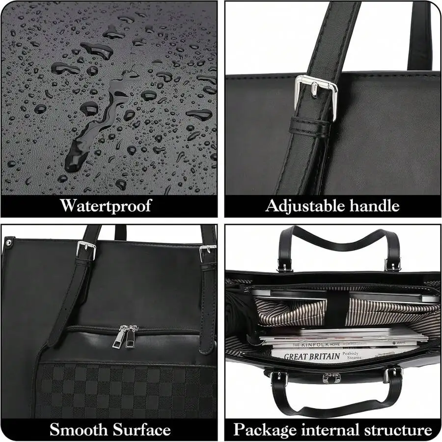 

Waterproof PU Leather Laptop Tote Bag With Insulated Lunch Compartment, 15.6 Inch Briefcase For Women