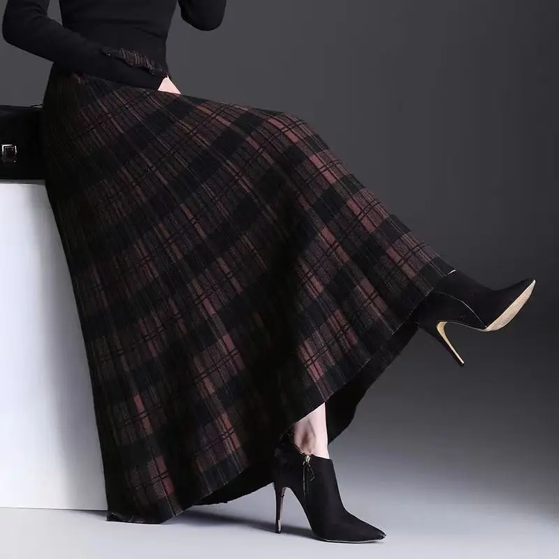 Plaid Knitting A-line Skirt Autumn Winter New High Waist Loose Vintage All-match Pleated Skirt Fashion Casual Women Clothing