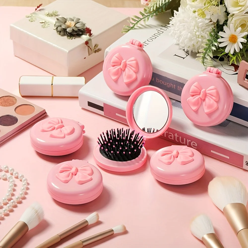 2/6/12-teiliges Rosa Mini-Haarbürsten-Set mit Schleife & Klappspiegel, Reisegröße, Geschenk für Frauen, Hochzeit, SPA, Party – Detail 2