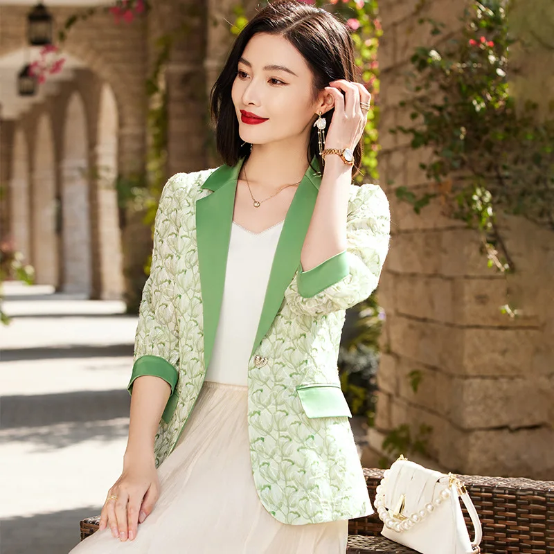 

New OL Slim Apricot Printed Suit Top Casual Green Women's Spring Summer Thin Blazer