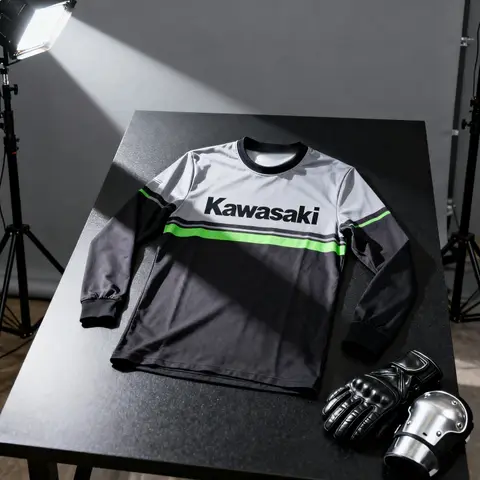 모터 팬 카와사키 반팔 티셔츠: 녹색 포인트가 있는 검정색, 로고 포함, 오토바이 팬에게 적합