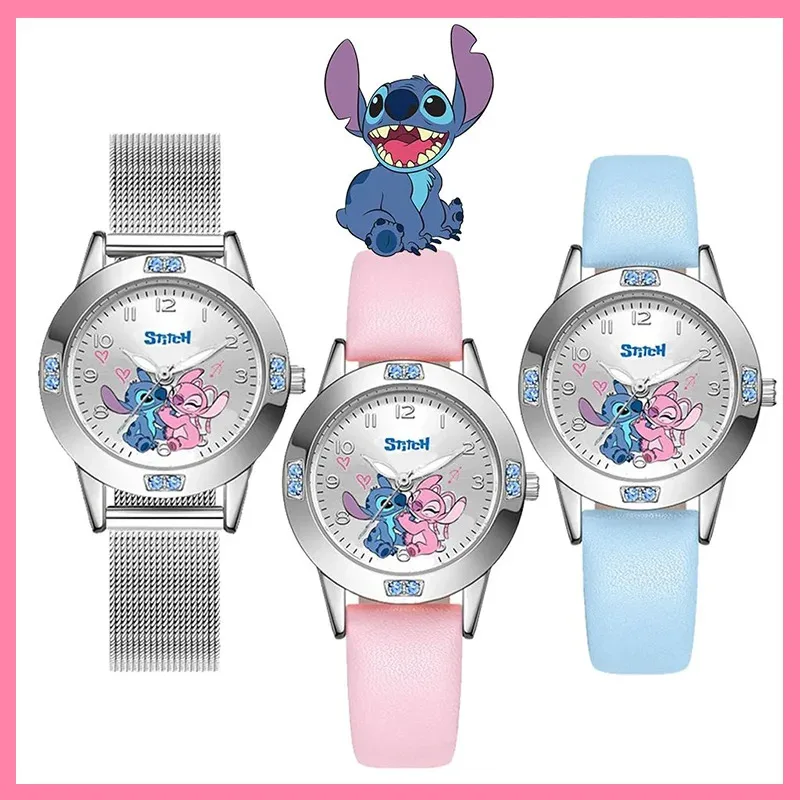 ساعة ديزني ستيتش للأطفال كوارتز كرتونية لطيفة مع حزام ألماس مقلد، هدية عيد ميلاد للأطفال للأولاد والبنات