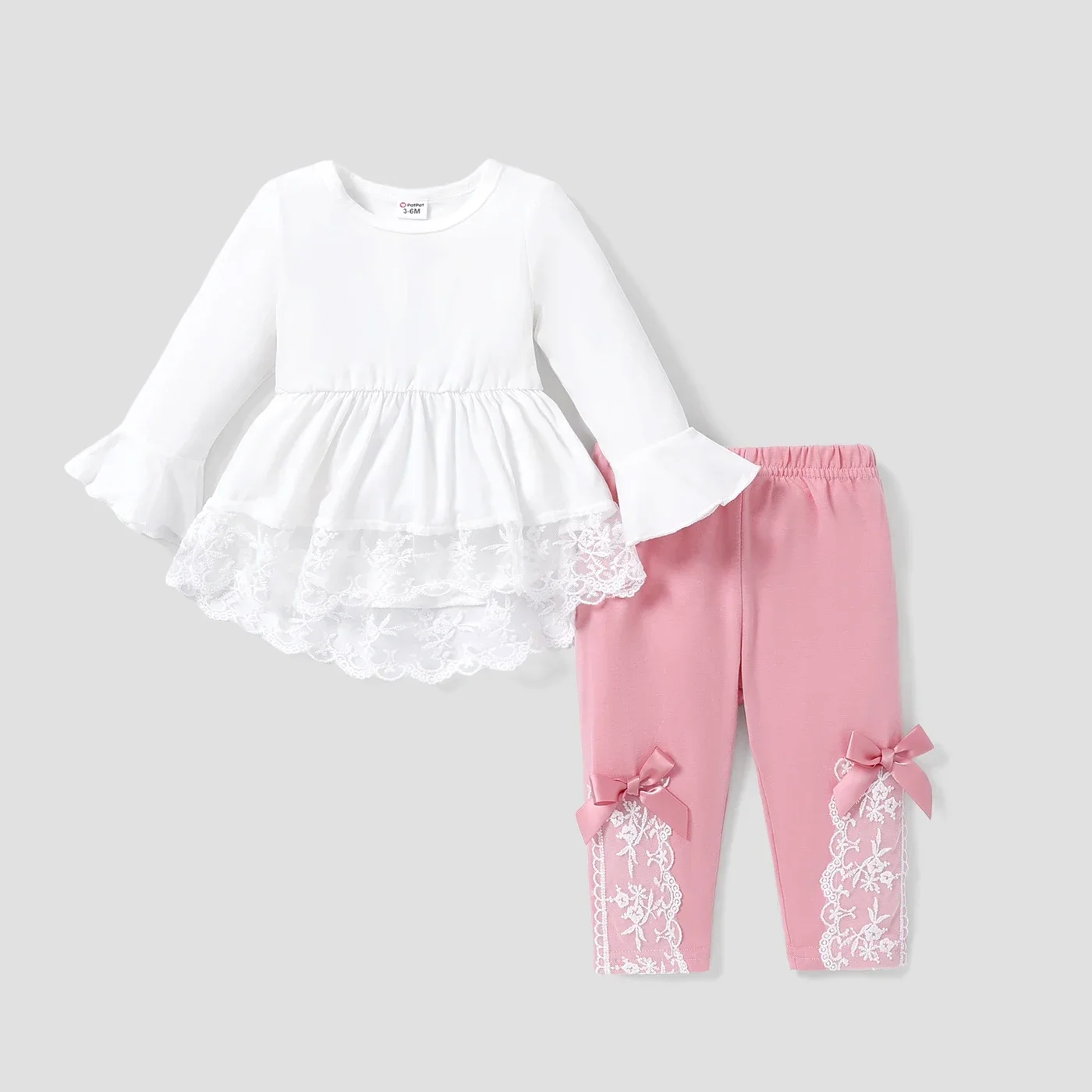 

PatPat Sweet Lace Trim Flared Sleeve Top And Bow Decorated Pants Set For Baby Girls