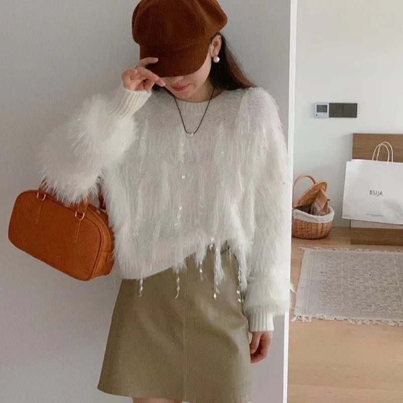 

Soft and Warm Sweater Knitwear Cardigan Loose Korean Version Tassel Autumn Winter Cute Plush Casual Lazy Wind Jumper Sweater