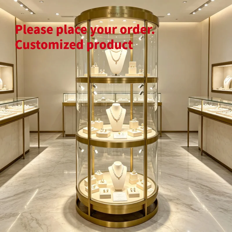 custom.Gold Metal Round Rotating Jewelry Display Cabinet,3 Tier Lockable Glass Showcase With LED Spot Light Jewellery Watch