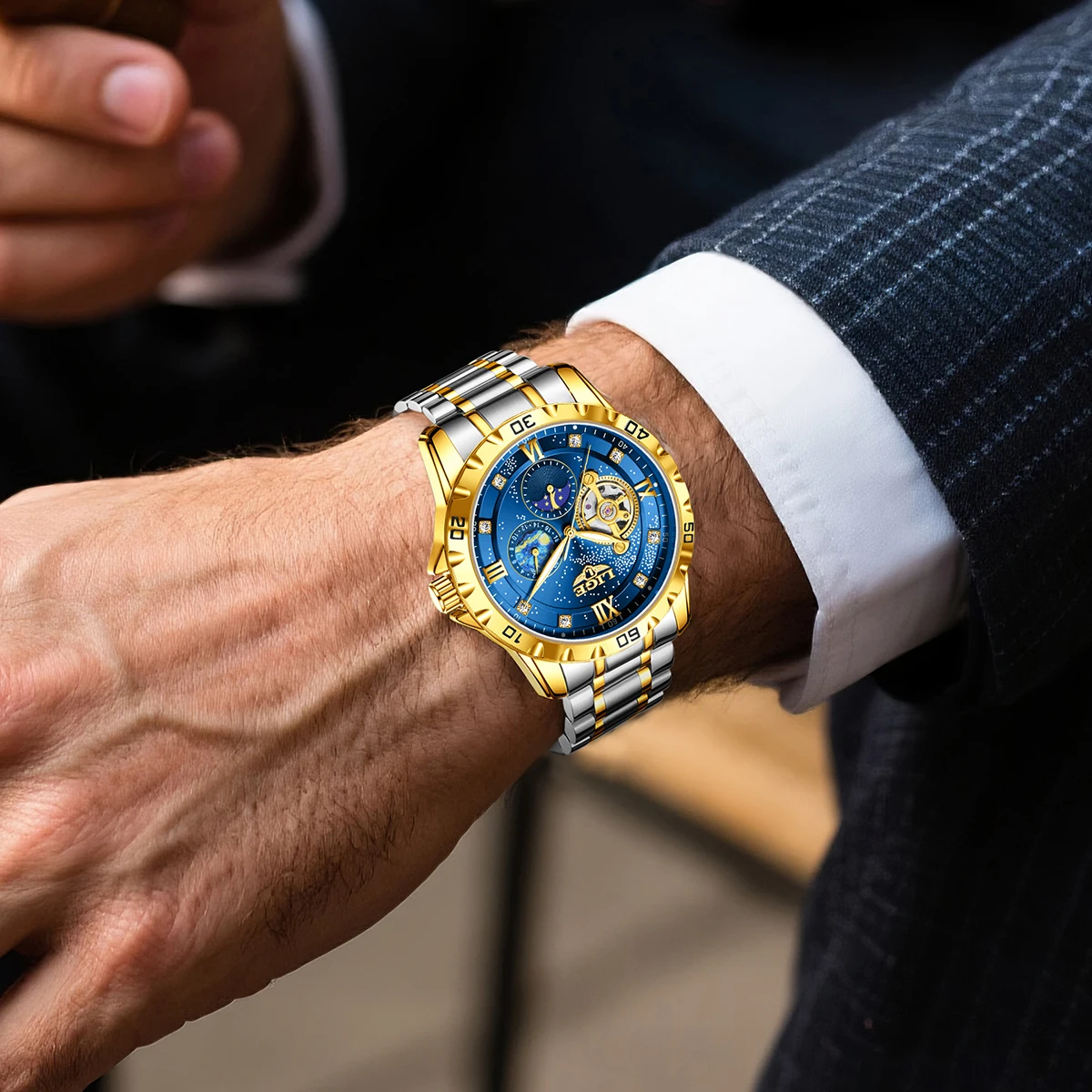 LIGE Creative The Starry Night Theme Men Watch Stainless Steel Mechanical Wristwatches Luminous Waterproof Man Automatic Watch