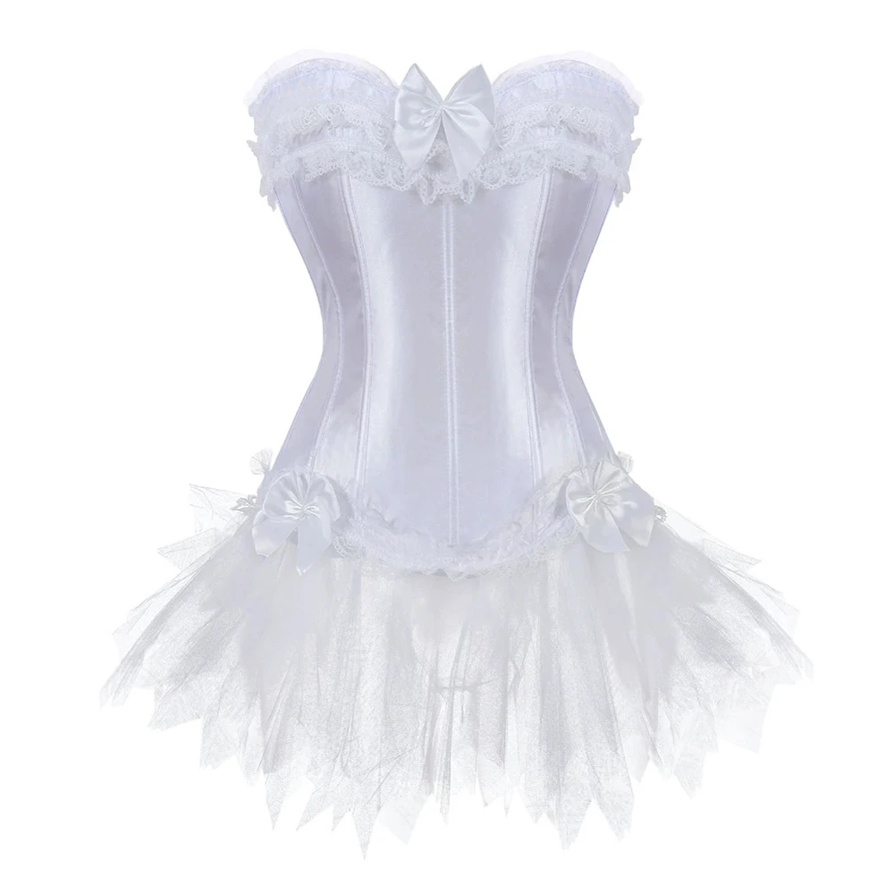 

Women Shaper Gothic Satin Lace Up Red Bridal Retro Victorian Corset Dress Dance Bustier Bow Floral Lace Top Mini Skirt Sets