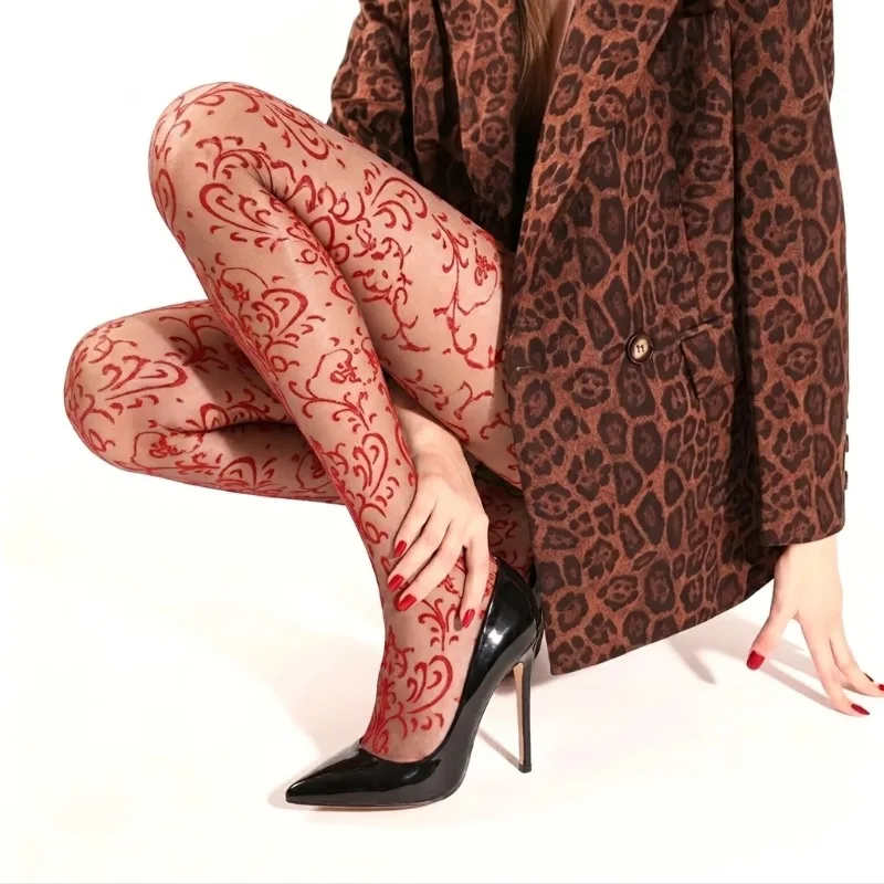

Horse Oil Glossy Tights Women Vine Floral Shiny Alluring Sheer Pantyhose Thin Silky Smooth One-Line Crotch Jumpsuit Stockings