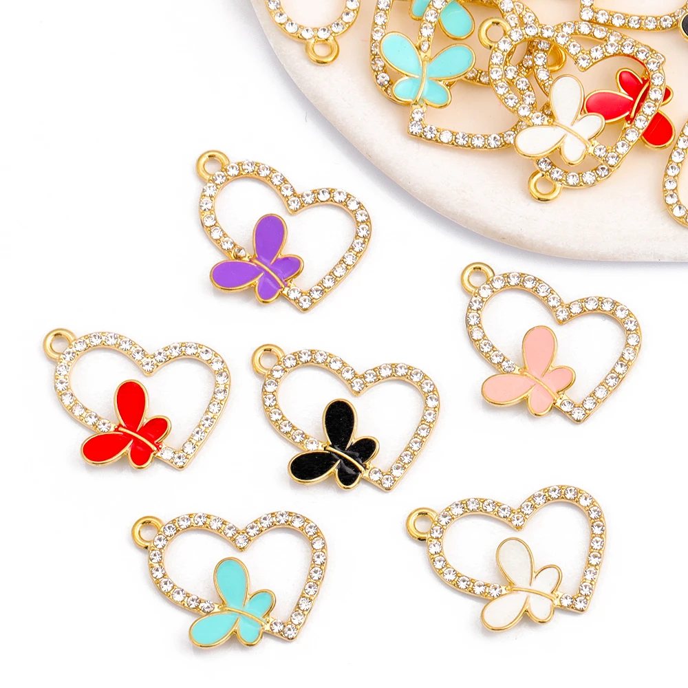 10Pcs Fashion Design Heart Butterfly Love Enamel Alloy Charm For Keychain Women's Clavicle Chain Pendant DIY Jewelry Production