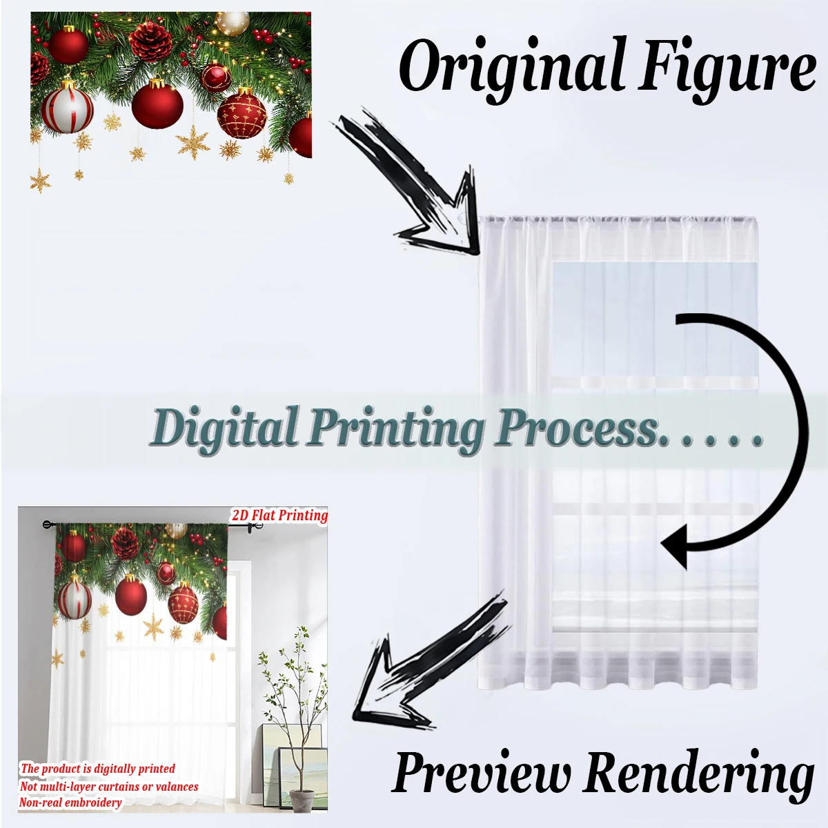 クリスマスフラットプリントシアーカーテン、クリスマスオーナメント、松ぼっくり付き、リビングルーム、ベッドルーム、パーティー、ドア、窓の装飾用