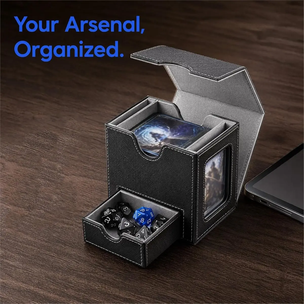 Magnetic Card Storage Box with Dual Display Window , Double Sleeved Cards, 35PT Card Holders Gray+Black