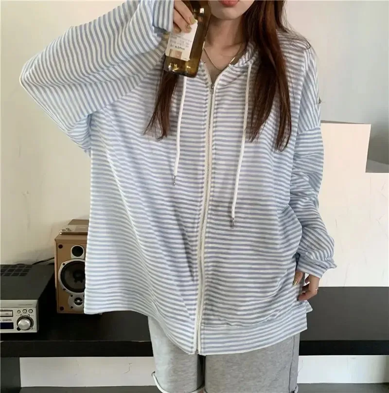 Blue Striped Hooded Cardigan Coats Women's Clothes Loose Hooded Korean Waistcoats Oversized Tops Casual Chic Thin Summer Jackets