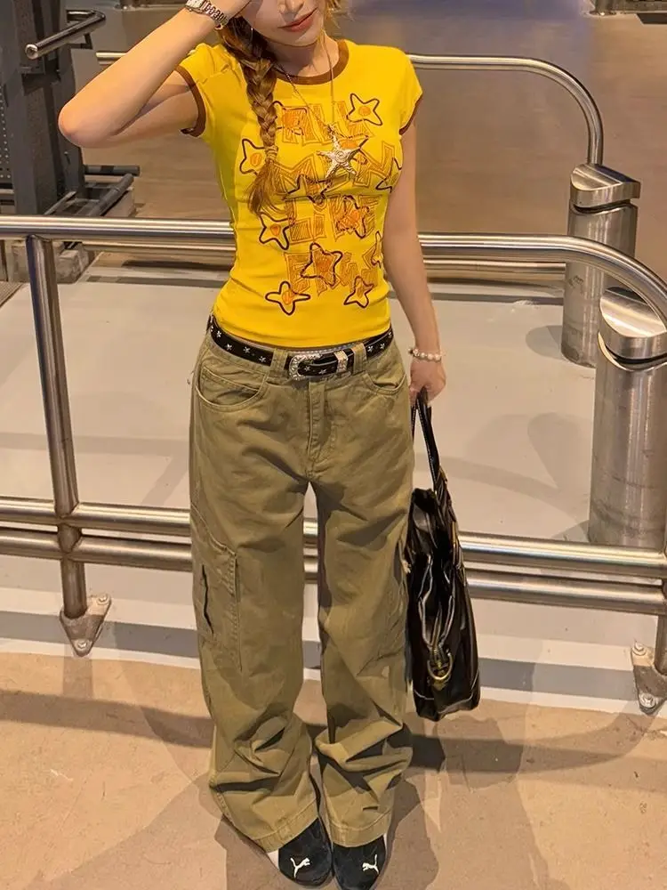 HOUZHOU Y2k Vintage T-shirt Women Harajuku Star Print Yellow Short Sleeve Tees American Retro Spicy Girl Slim Up Graphic T-shirt
