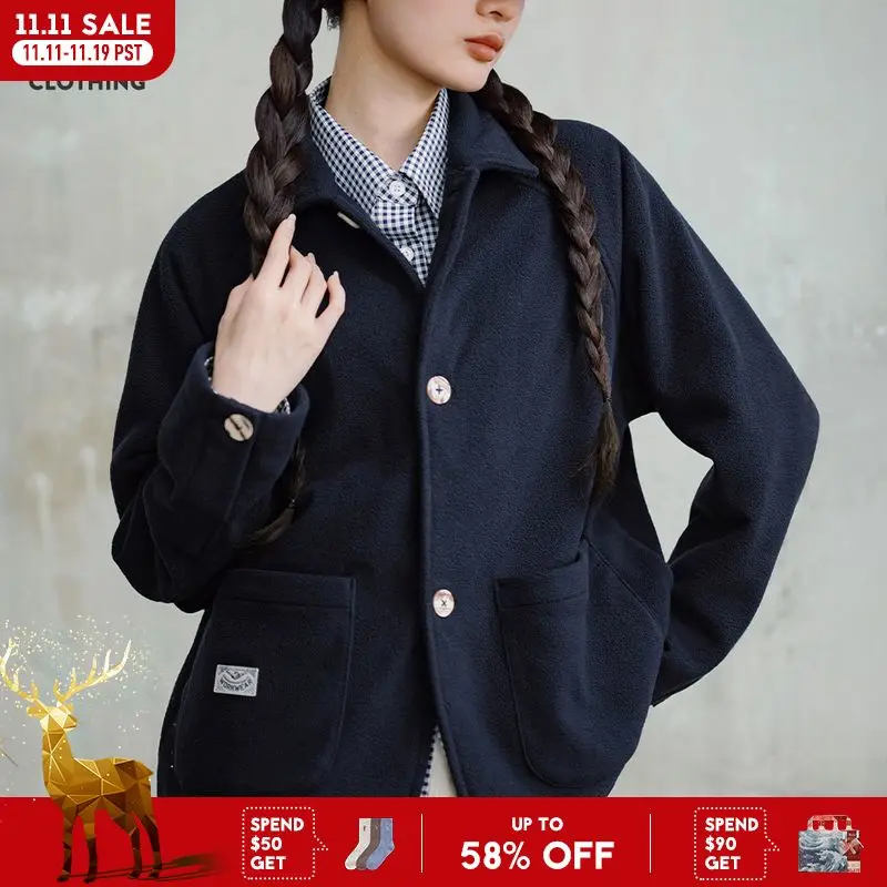 

Maden Women's Fleece Lapel Warm Jacket 290gsm Single-breasted Solid Color Casual TOPs Coat for Autumn Winter Outwear