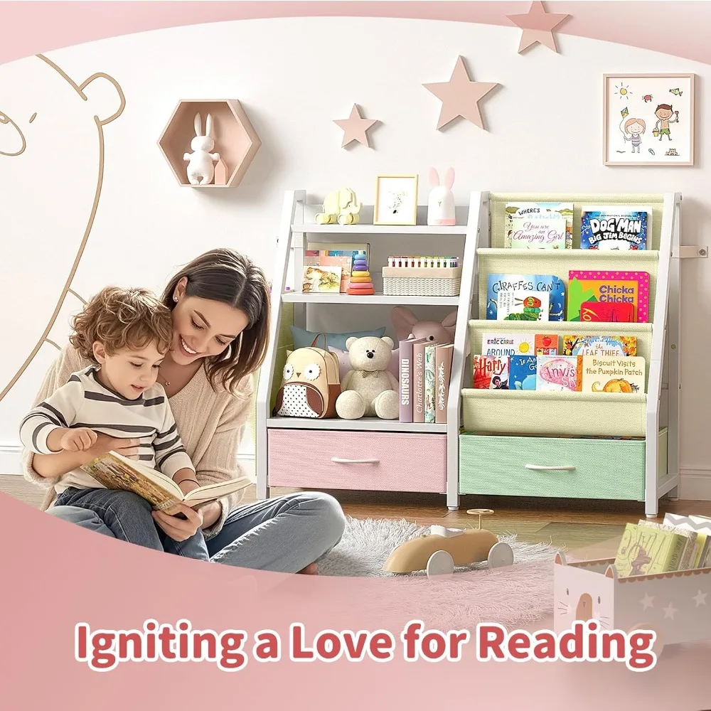 رف كتب وقوي للأطفال الصغار من مونتيسوري مكون من 3 طبقات ومنظم ألعاب مع أرفف كتب وصناديق تخزين
