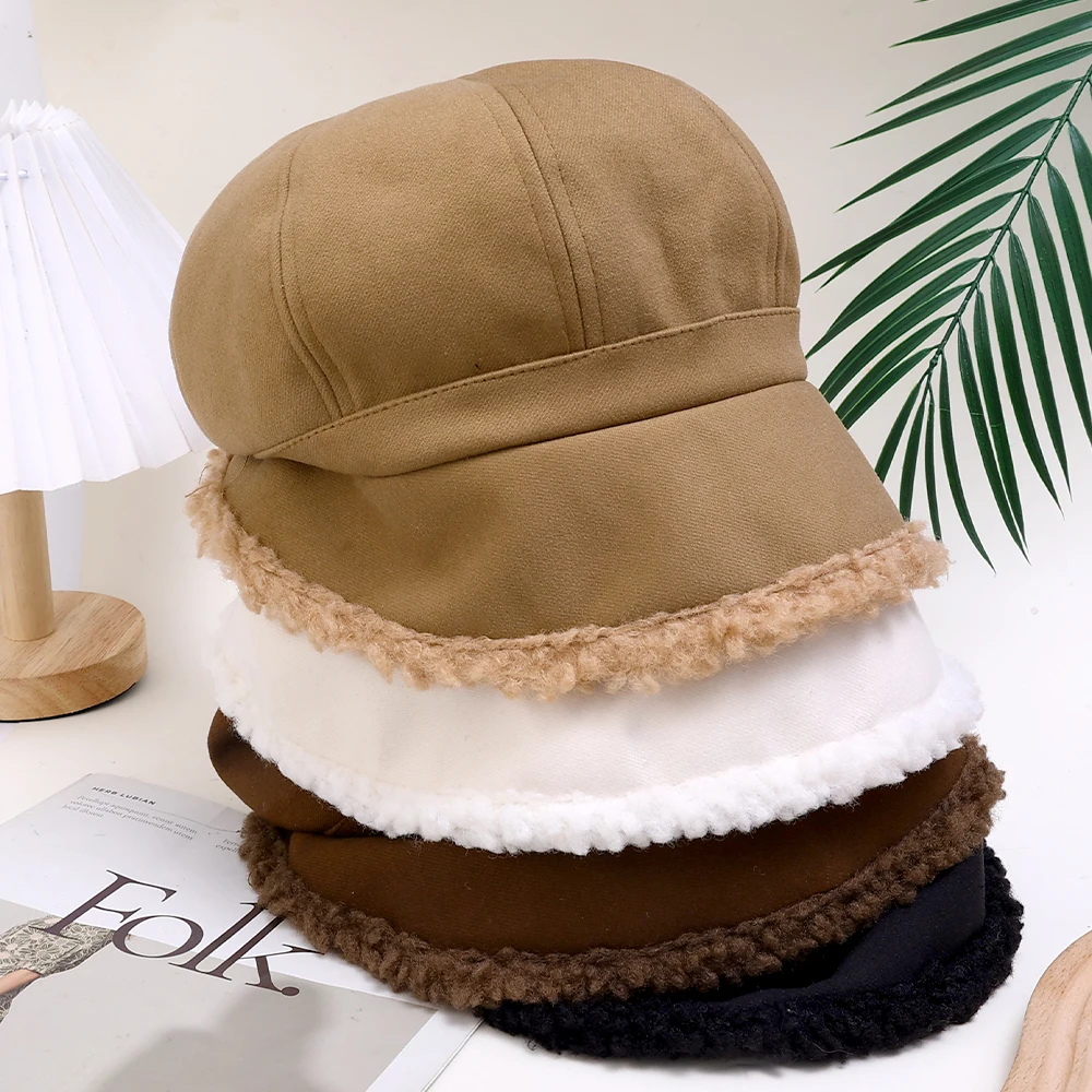 Winter Hats for Women Suede Bucket Hat Plus Velvet Lamb Hair Caps Outdoor Warm Thick Beret Wide Brim Windproof Cap Thick Hats