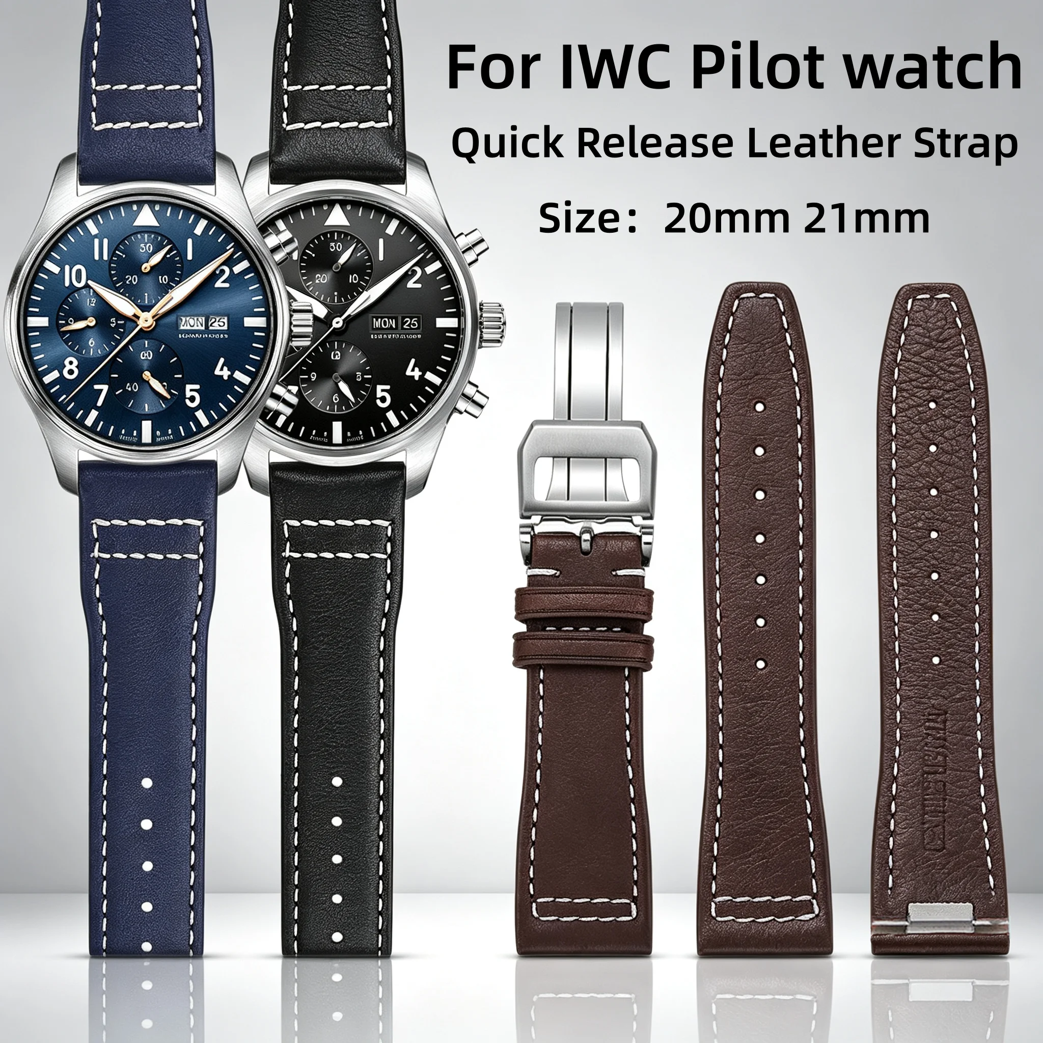 Quick Release Cow Leather Strap For IWC Pilot watch Mark 18 Spitfire IW388101 328201 Men's Watchband 20mm 21mm Black brown blue