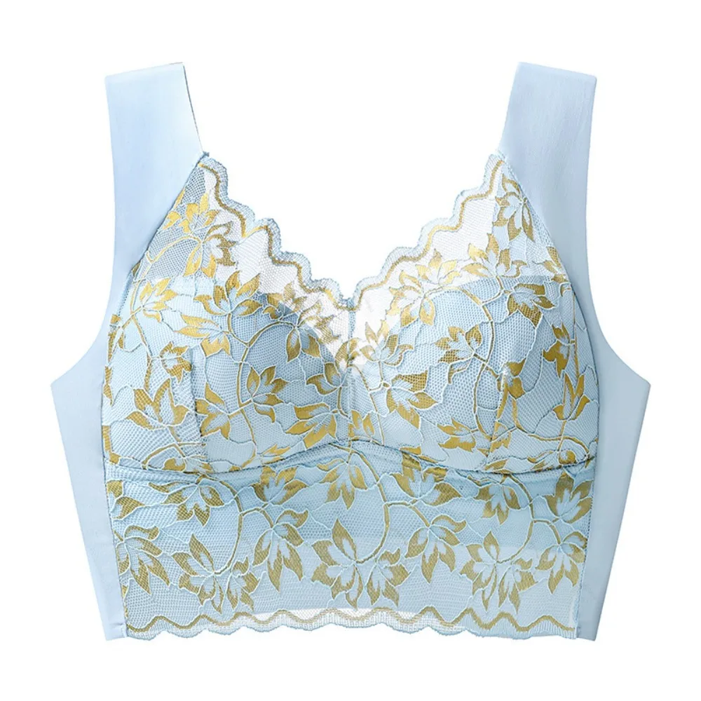Fashion Mesh Flower Wireless Deep V Bra Large Size Close-fitting Push Up Underwear Lingerie Shockproof Seamless Lace Bra Girls