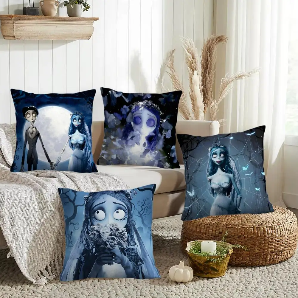 Movie C-Corpse Bride Cushion Cover Silky Short Plush Invisible Zipper Dustproof Sofa Pillow Case for Home Decor