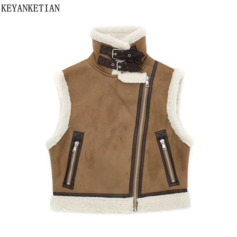 

KEYANKETIAN Winter New Women's Double Faced Fur suede Thick Waistcoat Vest Retro Asymmetrical Zipper Slim Crop Outerwear Top