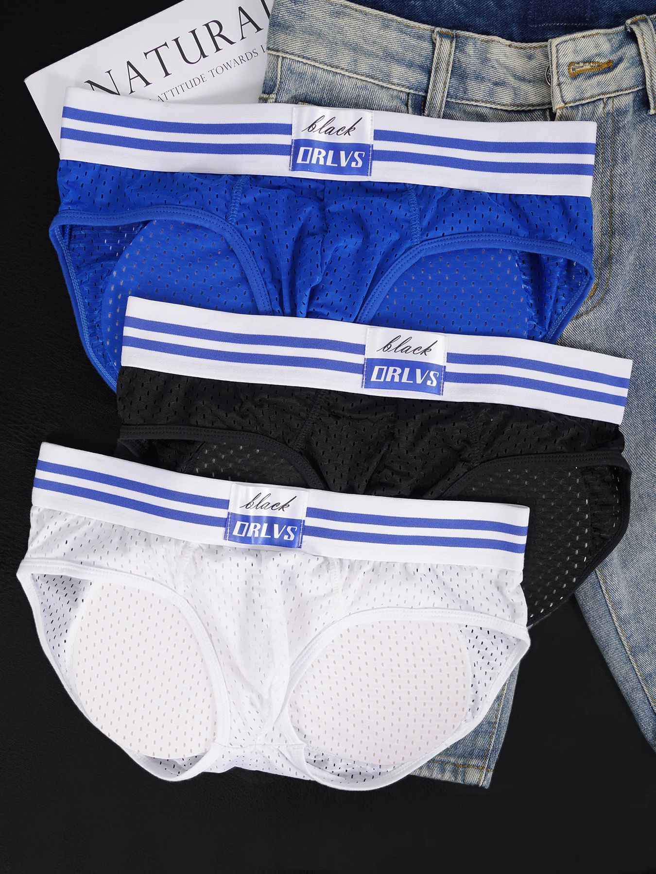 

3PCS Men's Mesh Breathable Briefs, Convex Pouch with Butt Lifter Pad & ORLVS Striped Letter Print Wide Waistband Sport Underwear