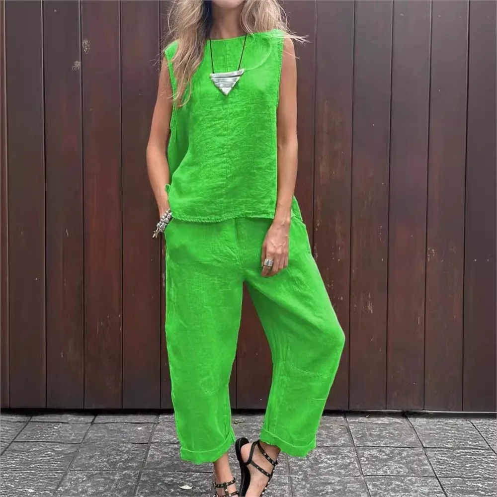 Primavera novedad de verano Color sólido sin mangas de algodón y lino traje de mujer Simple bolsillo de moda Casual pantalones largos conjunto de 2