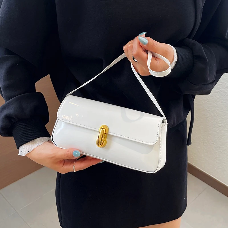 Glänzende PU-Schultertasche mit Schnalle, Damen-Unterarmtasche in Unifarbe, Elegante Vintage-Handtasche im französischen Stil für den Alltag und die Arbeit – Detail 25