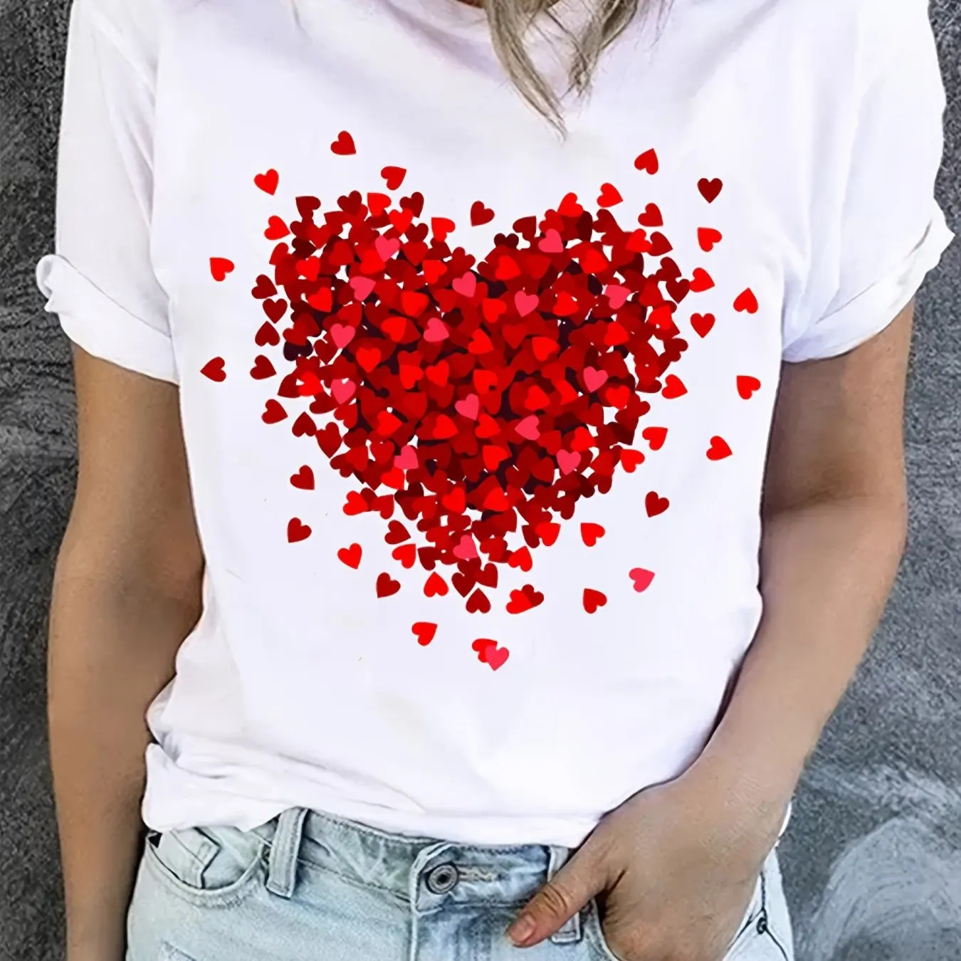 T-shirt met hartprint voor Valentijnsdagcadeaus, T-shirt met korte mouwen en ronde hals, casual tops voor elke dag, dameskleding