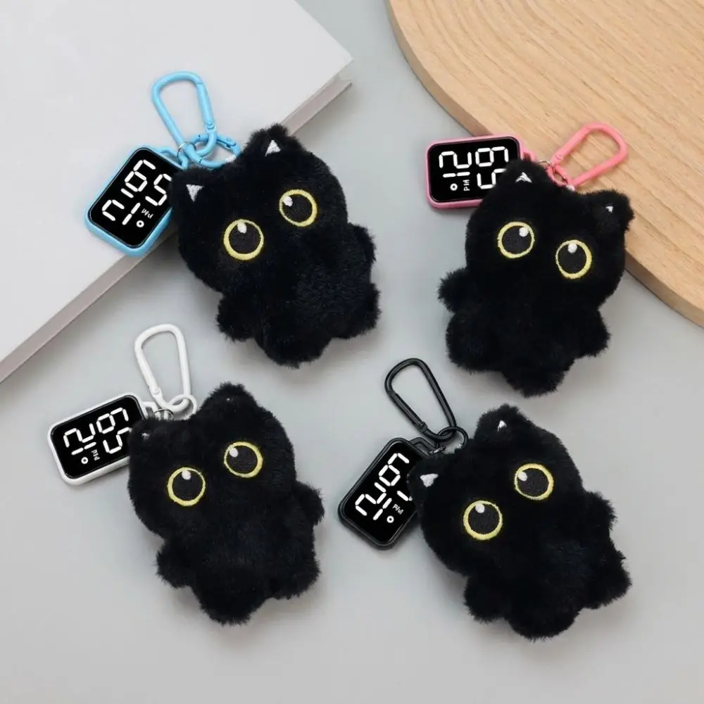 

Black Cat Pendant Electronic Hanging Watch Digital Display LED Keychain Pocket Watch Carabiner Waterproof Luminous Watches