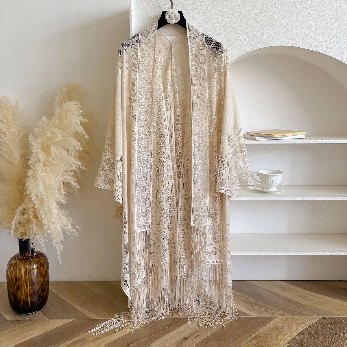 2025 Summer New Cheongsam with Cardigan, Spring and Summer Thin Temperament Lace Hollow Tassel Antique Versatile Shawl