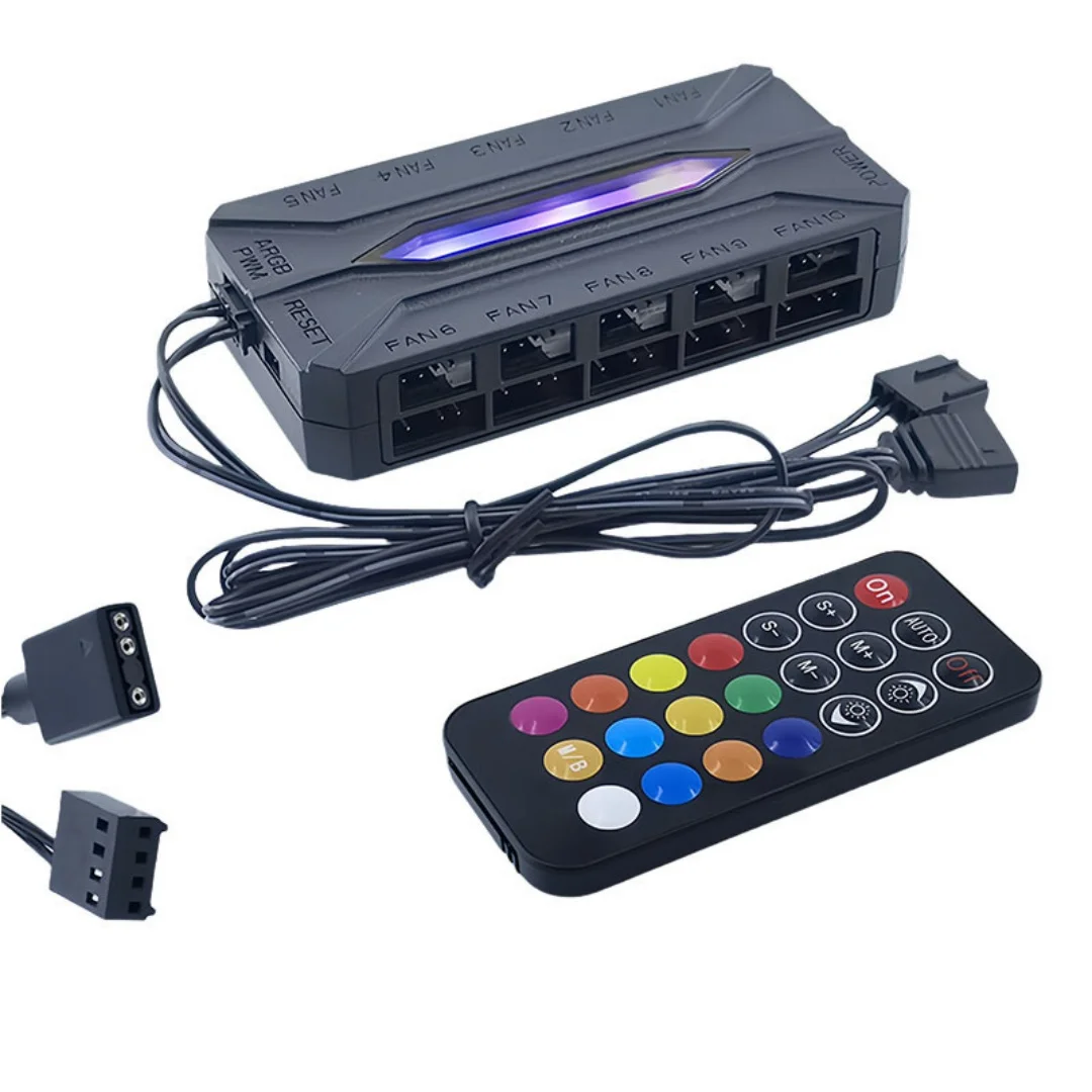 CX FUTURE Chassis Fan Hub, Dual 10 Ports. ARGB 3PIN+PWM 4PIN Ports. Equipped With Remote Control (Controlling Lighting)