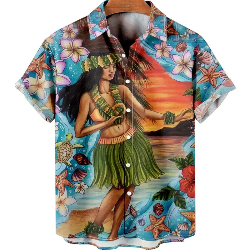 

Мужская винтажная гавайская рубашка, повседневная приталенная рубашка оверсайз с цветочным принтом, одежда в стиле Харадзюку для дворца, с тропическим островом и идолом, на лето