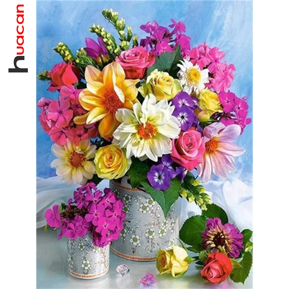 Huacan Full Diamond Mosaic Flower 5D Diamond Painting Rose Vase Art Wall Decoration Handmade Gift Craft Kit
