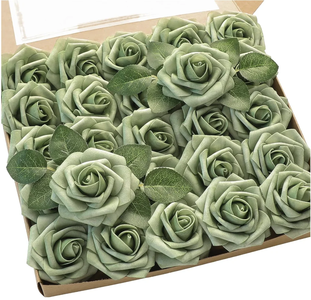 Artificial Flowers 25pcs Real Looking Elf Green Foam Fake Roses with Stems for DIY Wedding Bouquets Bridal Shower Centerpieces