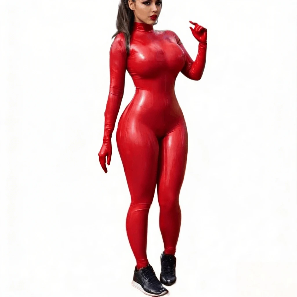 Catsuit aus Naturlatex mit angenähten Handschuhen und Socken, Halseinstieg, Damen-Bodysuit ohne Reißverschluss, rot, handgefertigt