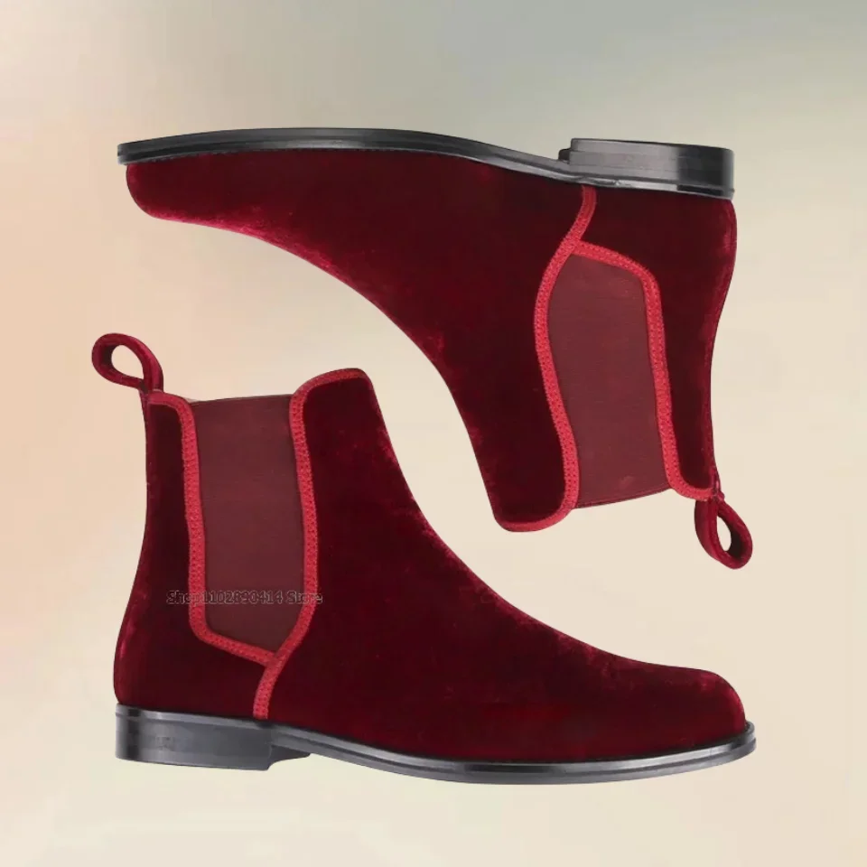 الأحمر المخملية تشيلسي الكاحل الأحذية المألوف عالية الجودة الانزلاق على حذاء رجالي رواية الراحة اليدوية المدرج الشتاء الرجال حذاء كاجوال