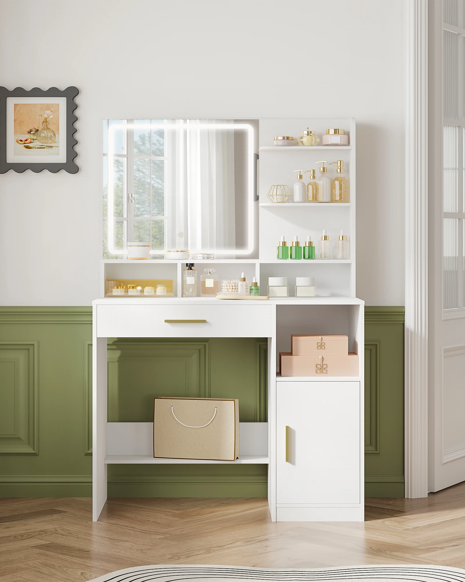طاولة تزيين هزوانري مع مرآة وإضاءة LED، مع 3 أرفف و4 مقصورات مفتوحة، مع أدراج وخزائن