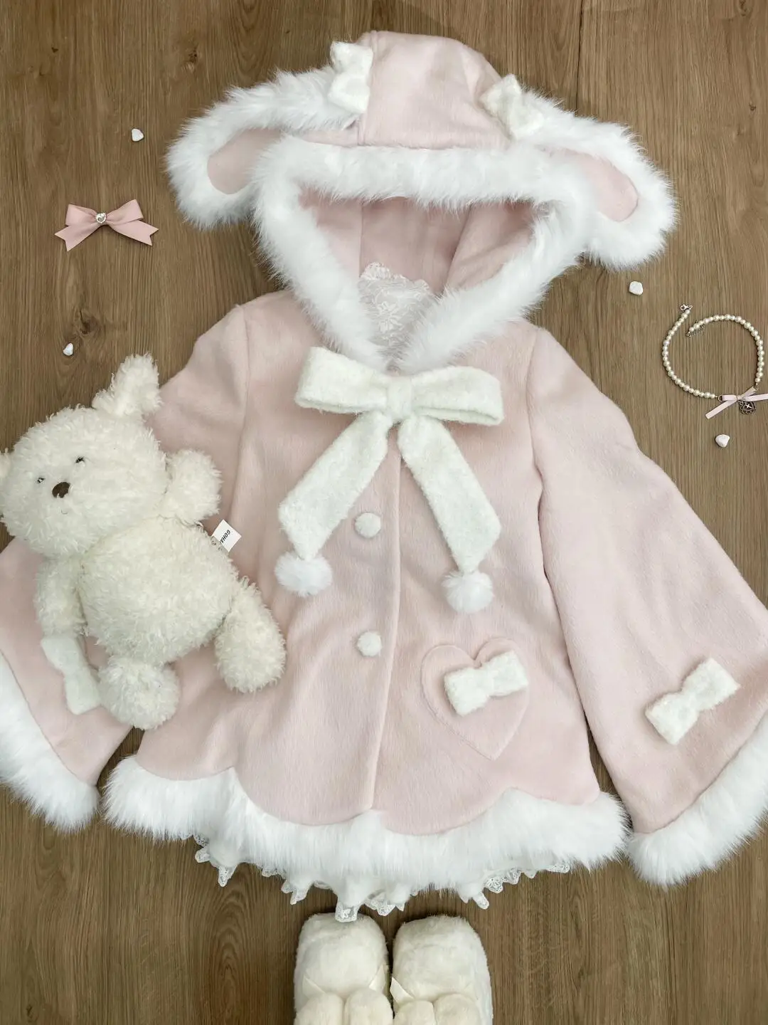 Japanese Sweet Cute Pink Hooded Coat Winter New Trendy Kawaii Loose Jacket Women Warm Bow Button Design Coat 2024 Chic Clothes