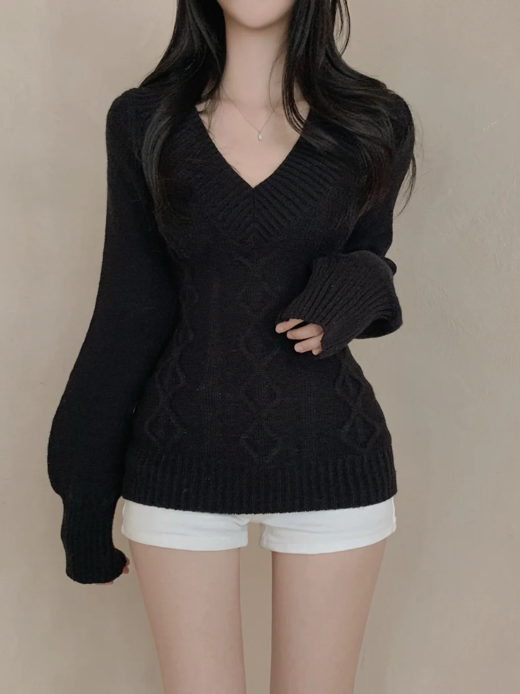 Chic Long Sve Knitted Sweater Women's Slim Fit V-Ne Knitwear Outerwear Sli Thiened Waist-Cinching Soft Sle