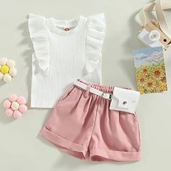 Toddler Baby Girls Clothes Set Sleveless Ribbed Tank Tops and Elastic Casual Shorts with Belt Set Kids Fashion Summer Outfit