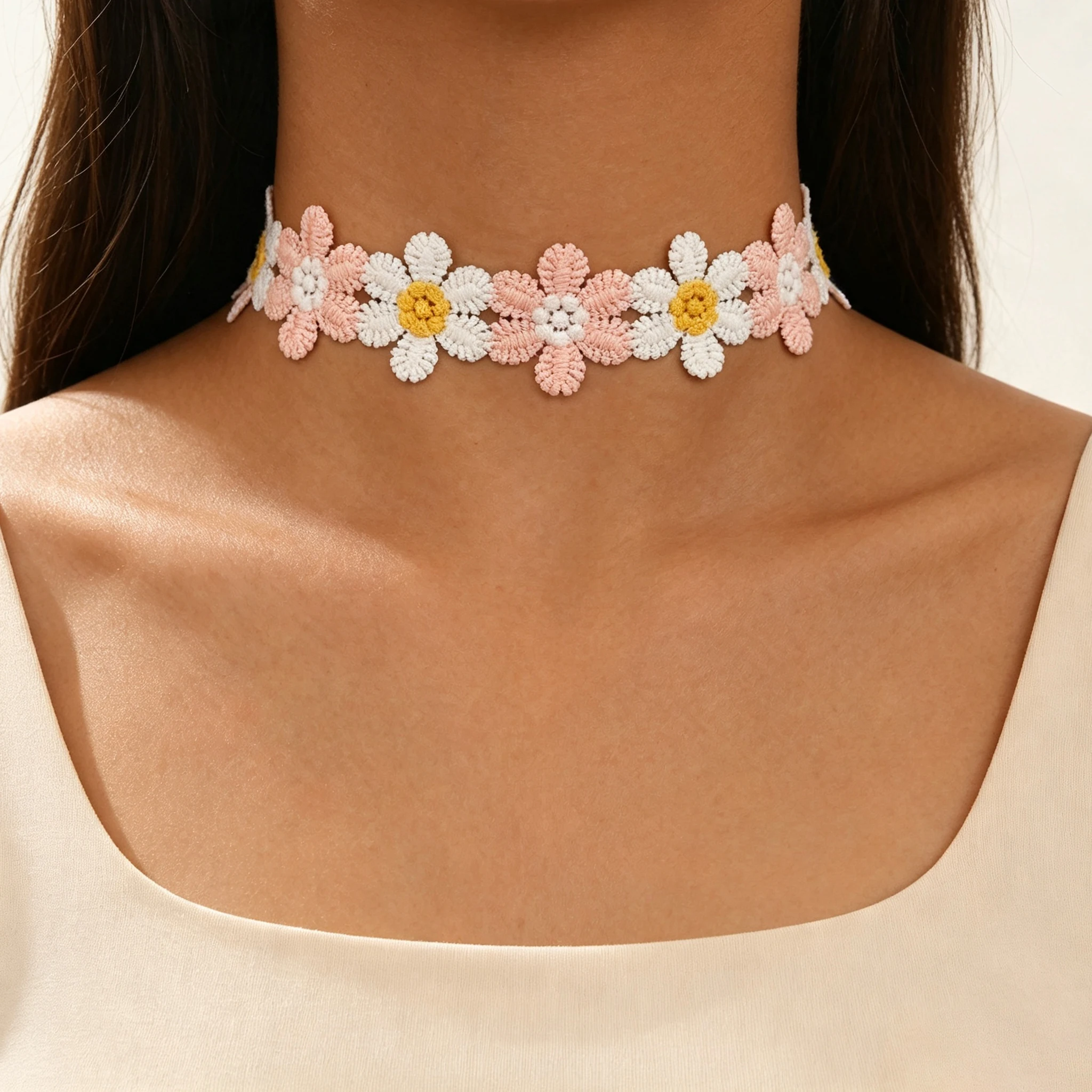 Crochet Daisy Fabric Choker Adjustable Pink White Floral Neckband Cute Flower Collar Women Summer Boho Daily Wear Jewelry