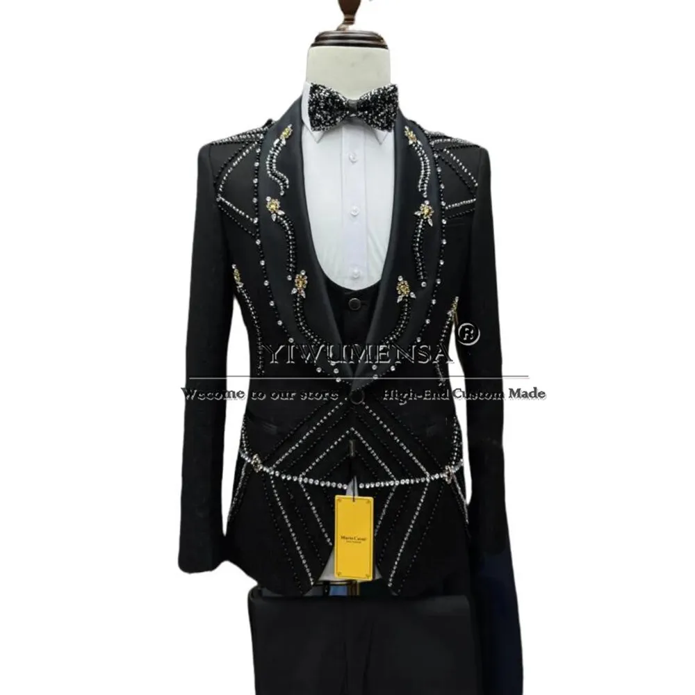 

Sparkly Beaded Stones Suits Men For Wedding Customized Shawl Lapel Prom Tuxedos Plus Size 3 Pieces Man Evening Party Clothing