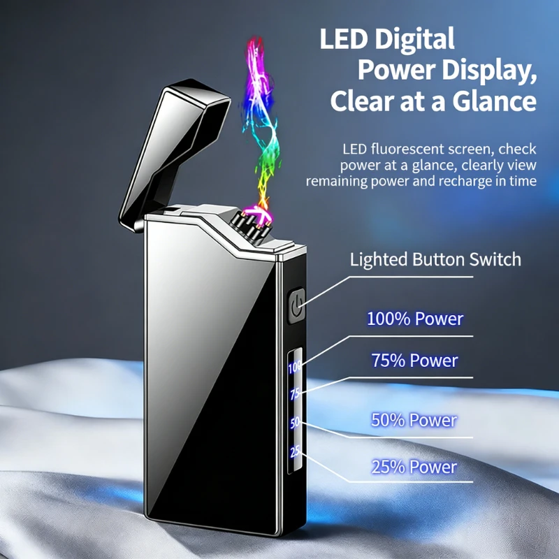 

New JL339 Windproof Double Arc Lighter – USB Type-C Rechargeable, Digital Battery Display, Slim Metal Design, Ideal Gift for Him