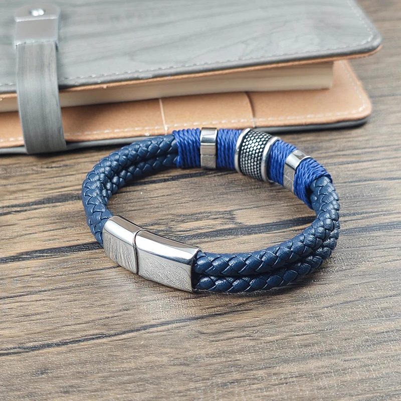 Neues Blaues Geflochtenes 5-Farben Leder Edelstahl Herren Armband Magnetverschluss Handgefertigtes Armband für Männer Casual Tägliches Tragen – Detail 4