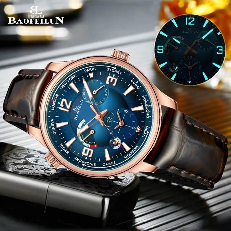 

BAOFEILUN Men's Automatic Watch GMT Power Reserve 43mm Date Luminous Waterproof Sapphire Crystal Blue Classic Business Watches