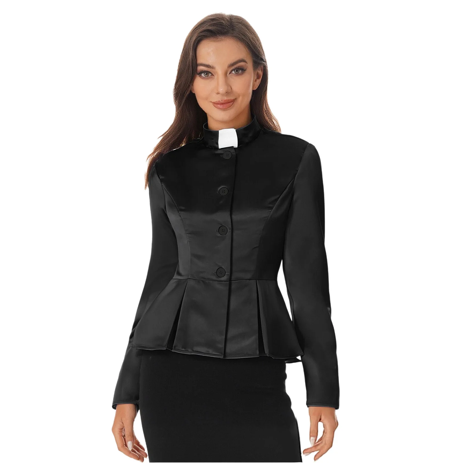 

Women Long Sleeve Satiny Peplum Shirts Tops Black Front Button Jackets for Halloween Clergy Priest Preachers Churchman Outfits